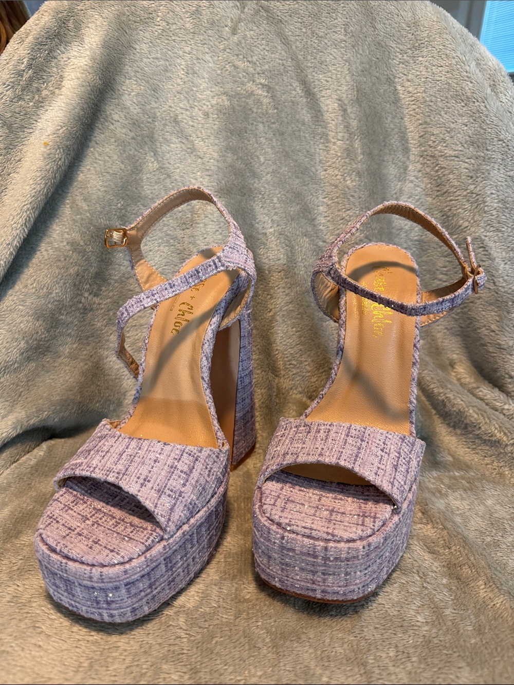 Chase + Chloe Platform Ankle-Strap Heels in Lilac Tweed